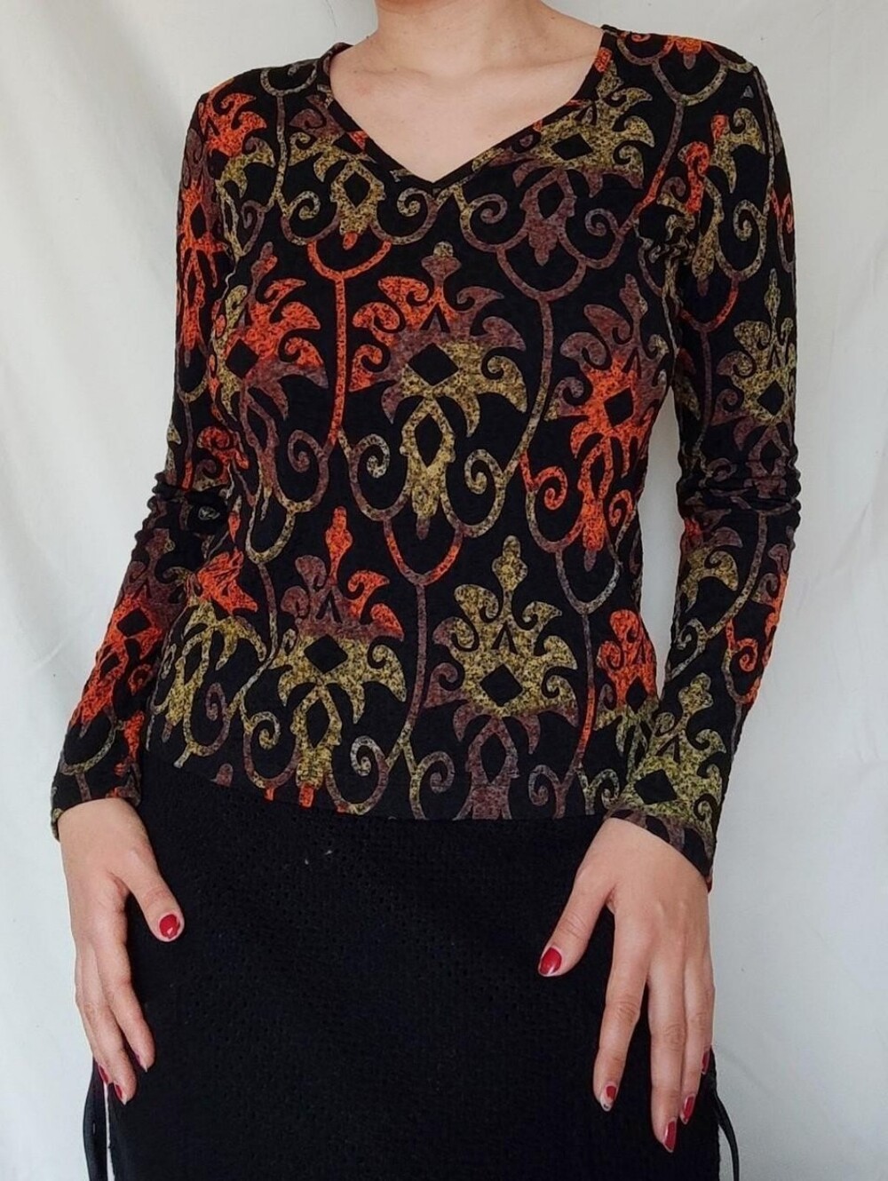 Black Green and Orange Patterned Long Sleeved V Neck Top Vintage Style